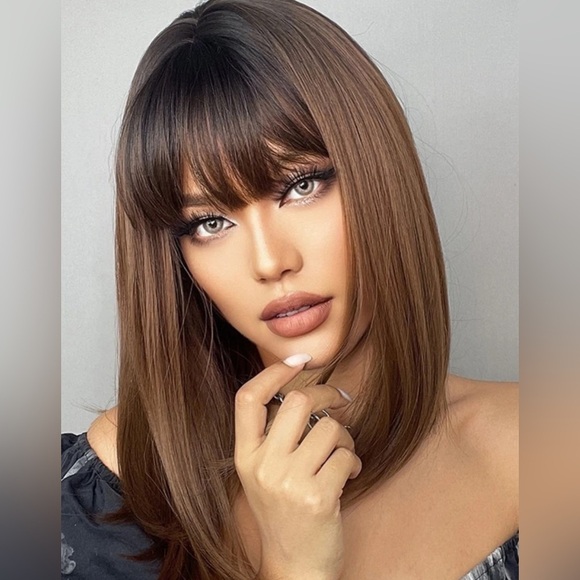 14” Short  Ombre  Black to Brown Natural color Synthetic Wig for Daily U… - Picture 1 of 11